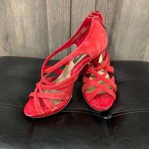 White House Black Market Red Suede Faux Snake Skin Crossed Open Toe Shoes 6.5 M